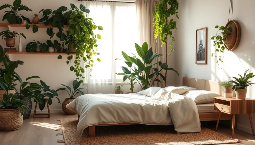 natural integration in bedroom with indoor plants and natural materials